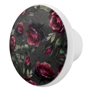 Bouton De Porte En Céramique Bordeaux Red Roses Shadowy Grey Floral