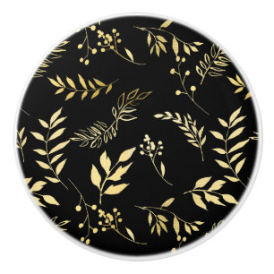 Bouton De Porte En Céramique Botanique Noir & Or Glamour Chic Feuilles Luxueuse