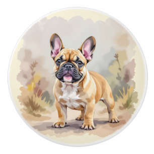 Bouton De Porte En Céramique Bouledogue Français Brun Fauve Mignon Chien French
