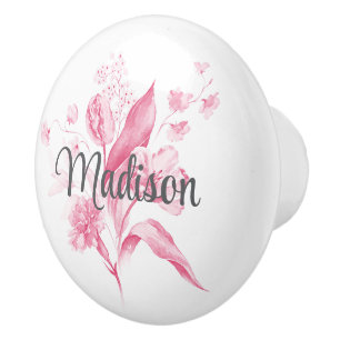 Bouton De Porte En Céramique Bouquet de fleurs rose élégant Nom en écriture gri