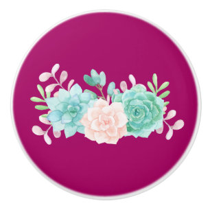 Bouton De Porte En Céramique Bouquet de fleurs rose et vert Pastel sur Magenta 