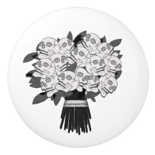 Bouton De Porte En Céramique Bouquet de Roses Crânes Noir & Blanc