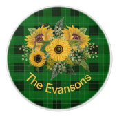 Bouton De Porte En Céramique Bouquet de tournesol ensoleillé sur Plaid vert (Devant)