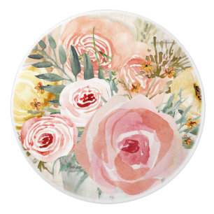 Bouton De Porte En Céramique Bouquet floral Aquarelle Bois rustique Pampas Gras