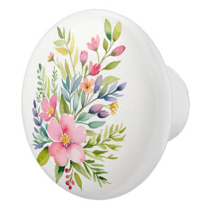 Bouton De Porte En Céramique Bouquet floral aquarelle du jardin rougissant