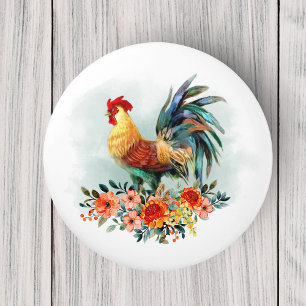 Bouton De Porte En Céramique Bouquet floral de coq au poulet aquarelle