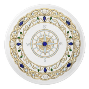 Bouton De Porte En Céramique Boussole de capitaine nautique en cristal doré Ros