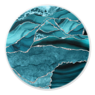 Bouton De Porte En Céramique Bouton de tiroir en faux agate sarcelle argenté br