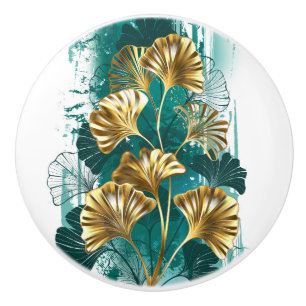 Bouton De Porte En Céramique Branche avec Feuilles d'or Ginko Biloba