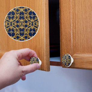 Bouton De Porte En Céramique Broderie dorée sur fond bleu saphir