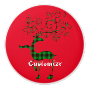 Bouton De Porte En Céramique Buffalo Plaid Christmas Deer Thunder_Cove
