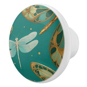 Bouton De Porte En Céramique Bugs Art Nouveau Art Déco Turquoise Dragonfly