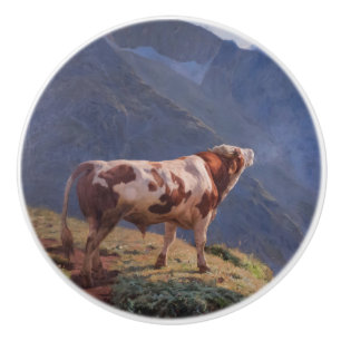 Bouton De Porte En Céramique Bull dans les Alpes (par Eugène Burnand)