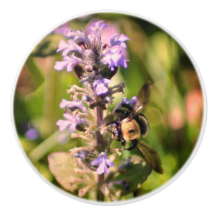 Bouton De Porte En Céramique Bumble Abeille Sur Fleur Violet Haut