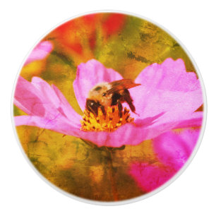 Bouton De Porte En Céramique Bumble Bee On Rose Cosmos Flower Abstrait