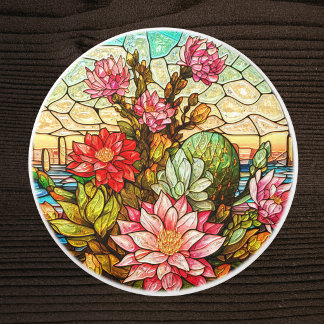Bouton De Porte En Céramique Cacti Desert Pink Flowers Faux Stained Glass