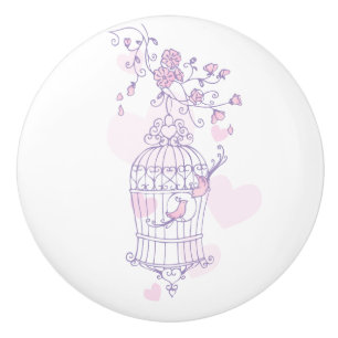 Bouton De Porte En Céramique Cage à oiseaux deux cœurs d'oiseaux amoureux poign
