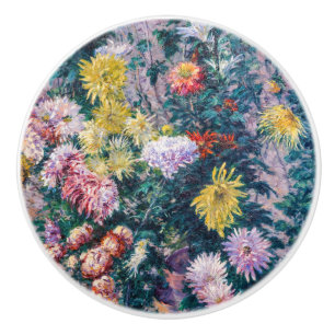 Bouton De Porte En Céramique Caillebotte - Chrysanthèmes blancs et jaunes