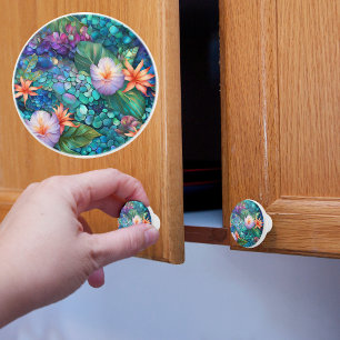 Bouton De Porte En Céramique Cailloux Tropicaux et Fleurs