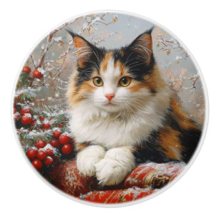 Bouton De Porte En Céramique Calico Cat Peinture de la scène d'hiver