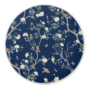 Bouton De Porte En Céramique Camellia Garden Marine Blue Chinoiserie