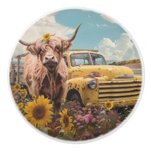Bouton De Porte En Céramique Camion Vintage Vache Highland Tournesols