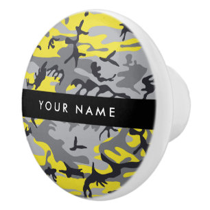 Bouton De Porte En Céramique Camouflage jaune et gris Personnalisez votre nom
