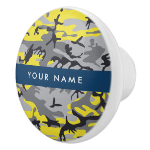 Bouton De Porte En Céramique Camouflage jaune et gris Votre nom Personnalisez