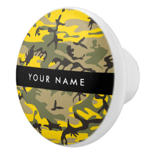 Bouton De Porte En Céramique Camouflage jaune et vert Votre nom Personnalisez