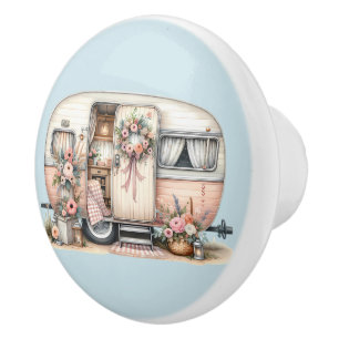 Bouton De Porte En Céramique Camper Boho avec couronne florale et pastels rose