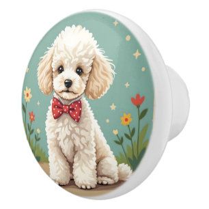 Bouton De Porte En Céramique Caniche blanc adorable avec nœud papillon