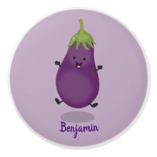 Bouton De Porte En Céramique Caricature d'aubergine d'aubergine joliment heureu