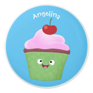 Bouton De Porte En Céramique Caricature de cupcake joyeux