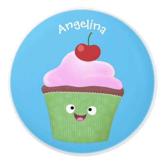 Bouton De Porte En Céramique Caricature de cupcake joyeux (Devant)