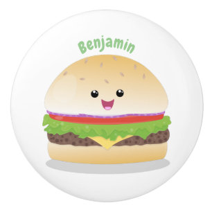 Bouton De Porte En Céramique Caricature de hamburger kawaii joyeux
