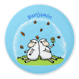 Bouton De Porte En Céramique Caricature de moutons mignons amis et papillons