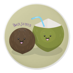 Bouton De Porte En Céramique Caricature de noix de coco kawaii joyeux