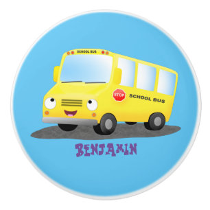 Bouton De Porte En Céramique Caricature du bus scolaire jaune joyeux