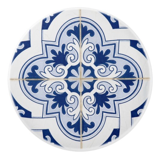 Bouton De Porte En Céramique Carrelage bleu et blanc traditionnel (Devant)
