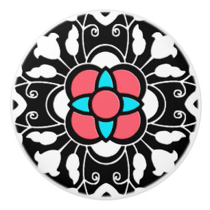 Bouton De Porte En Céramique Carrelage marocain floral, noir, blanc et rose cor