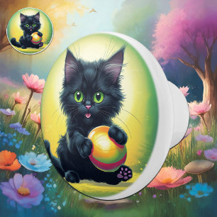 Bouton De Porte En Céramique Cartoon Fluffy Black Cat joue avec une balle