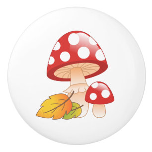 Bouton De Porte En Céramique Casquette rouge Toadstool Champignons avec Feuille