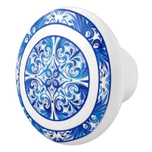 Bouton De Porte En Céramique Casquette Tribale Bleue et Blanche Capri Maiolica
