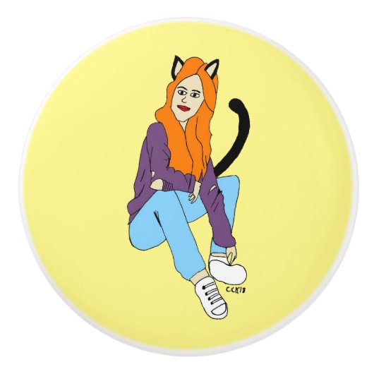 Bouton De Porte En Céramique catgirl (Devant)