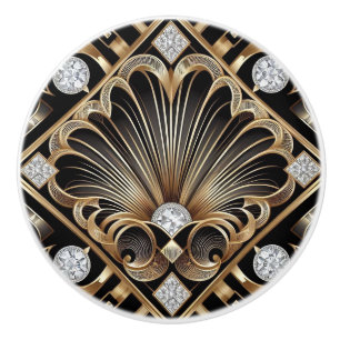 Bouton De Porte En Céramique Céramique Décor Art Déco Luxe Noir et Or Faux Diam