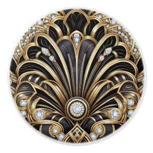 Bouton De Porte En Céramique Céramique Luxe Art Déco Noir et Or Faux Diamant