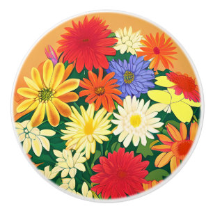 Bouton De Porte En Céramique Cercle de fleurs, marguerites colorées et monstres