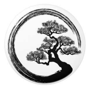 Bouton De Porte En Céramique Cercle de zen d'Enso et arbre de bonsaïs