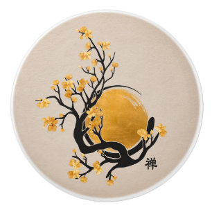 Bouton De Porte En Céramique Cercle Zen Enso, soleil d'or et fleurs Sakura