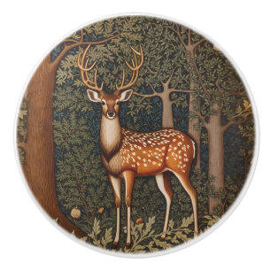 Bouton De Porte En Céramique Cerf Élégant Dans la Forêt de Chênes